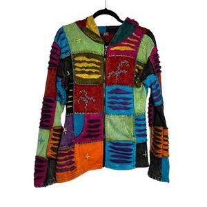 KPC 100% Cotton Patchwork Distressed Pointed Hooded Full Zip Jacket Large